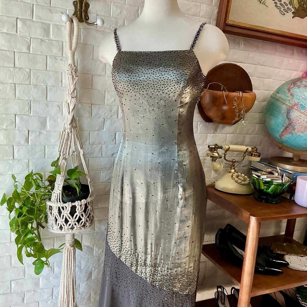Vintage 1990s Y2K Cache Olive Satin and Chiffon Asymmetrical Hem Beaded Gown - Picture 3 of 16